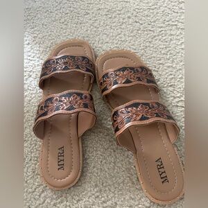 Myra Bag Floral Embossed Tan Sandals